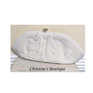 Beaded handbag, vintage beaded clutch style bag, designer Debbie, white beaded p